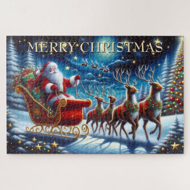Puzzle Santa’s Sleigh and Reindeer on Christmas Night (Horizontal)