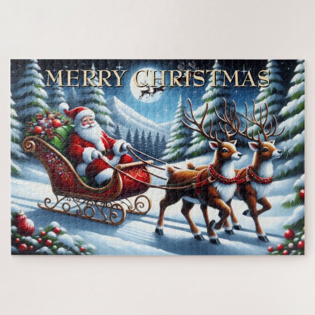 Puzzle Santa’s Sleigh Through Snowy Forest at Christmas (Horizontal)