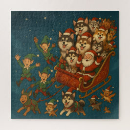 Puzzle Santa with joyous pups and elves!