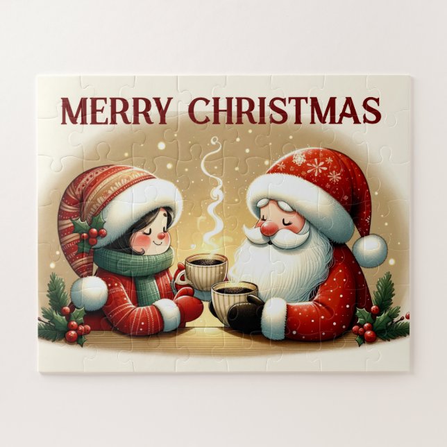 Puzzle Santa y el niño disfrutando del chocolate caliente (Horizontal)