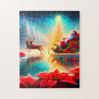 Puzzle Santa y renos en una laguna congelada en su trineo