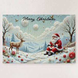 Puzzle Santa y sus renos en un paisaje nevado