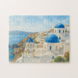 Puzzle Santorini Grecia Acuarela Arte Iglesia Cúpula Azul