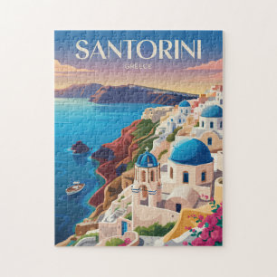Puzzle Santorini Grecia Cúpula Azul Arte de Viaje Vintage