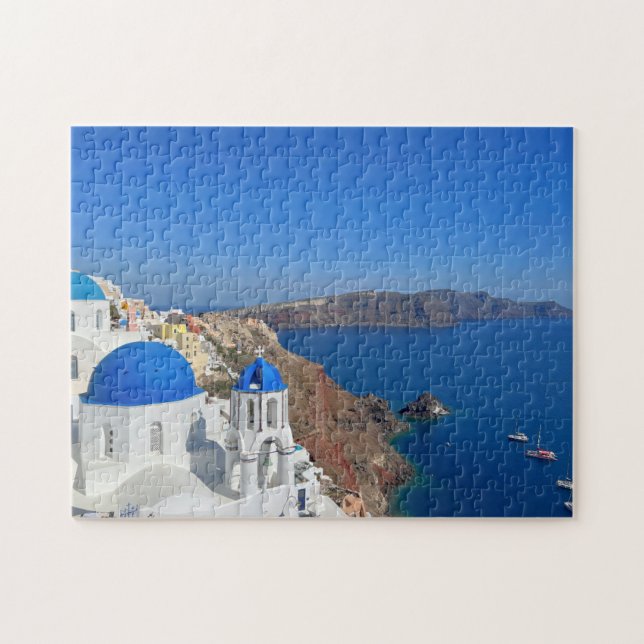 Puzzle Santorini Grecia Foto de la iglesia Domed azul (Horizontal)