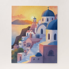 Puzzle Santorini, Grecia | Puesta de sol de acuarela en l
