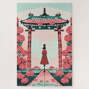 Puzzle Santuario japonés con flores rojas y rosas