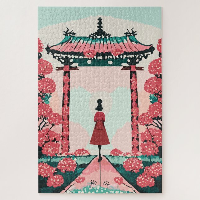 Puzzle Santuario japonés con flores rojas y rosas (Vertical)