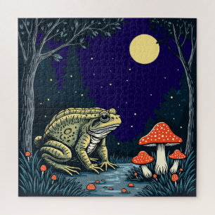 Puzzle Sapo buscando setas en un bosque iluminado por la