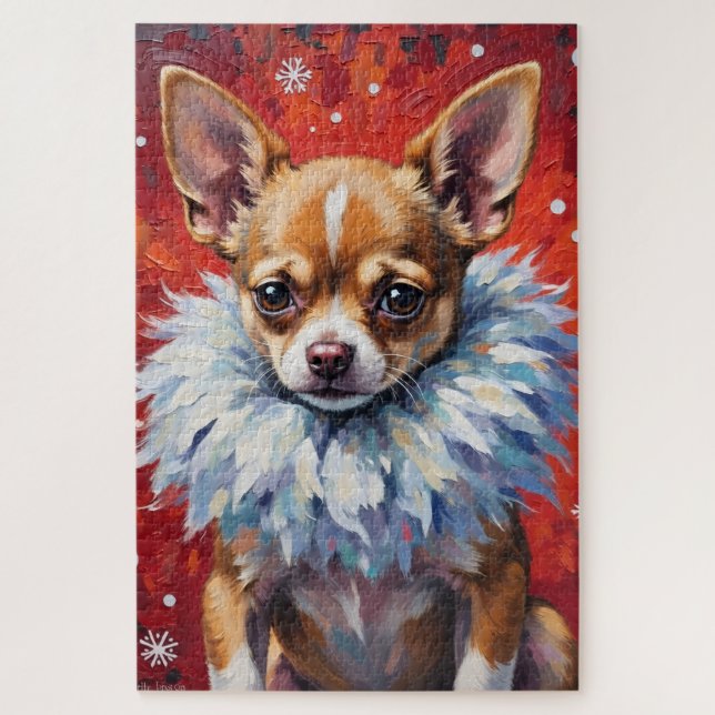 Puzzle Sassy Chihuahua Dog in Fluffy Winter Fur Collar (Vertical)