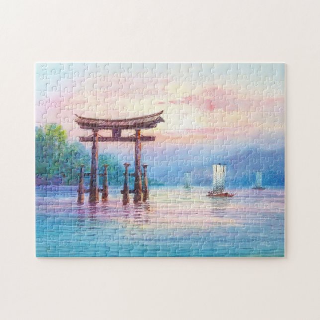 Puzzle Satta Miyajima Torii y Sailboat arte japonés (Horizontal)