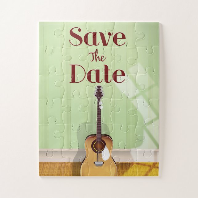 Puzzle Save the Date Vintage Acoustic Guitar (Vertical)