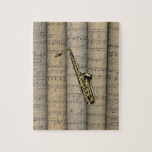 Puzzle Saxofón ~ Fondo de partitura enrollada ~ Música