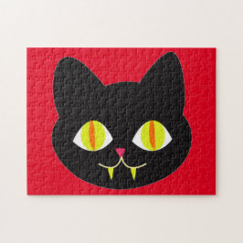 Puzzle Scary Cat Face with Big Green Eyes, Canine Tooth