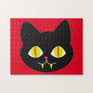 Puzzle Scary Cat Face with Big Green Eyes, Canine Tooth