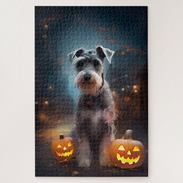Puzzle Schnauzer de Halloween con calabazas aterradoras (Vertical)