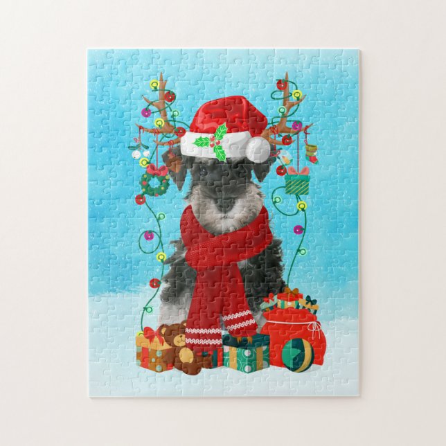 Puzzle Schnauzer en la nieve con regalos de Navidades (Vertical)