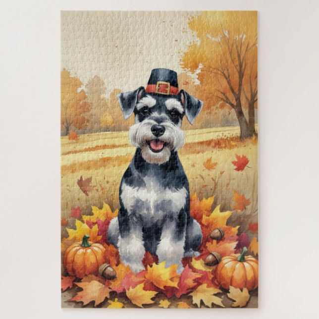 Puzzle Schnauzer en otoño deja el arte del día de gracias (Vertical)