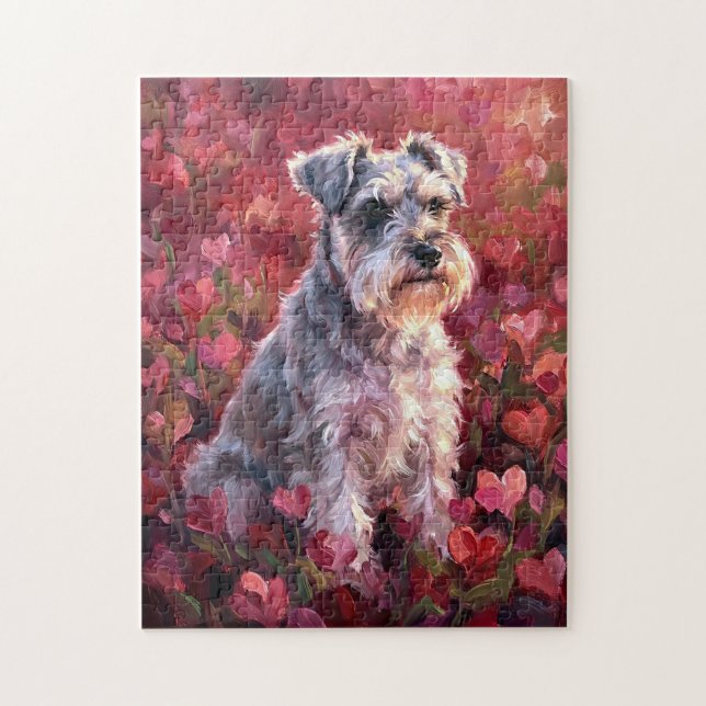 Puzzle Schnauzer Heart Shaped Wildflowers (Vertical)
