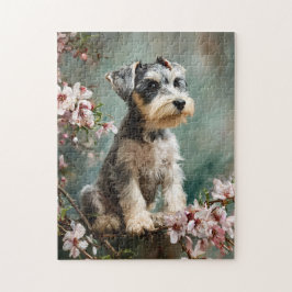 Puzzle Schnauzer Puppy Among Spring Cherry Blossoms