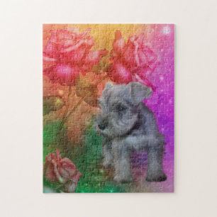 Puzzle Schnauzer Puppy Fantasy Rosas Dog Art