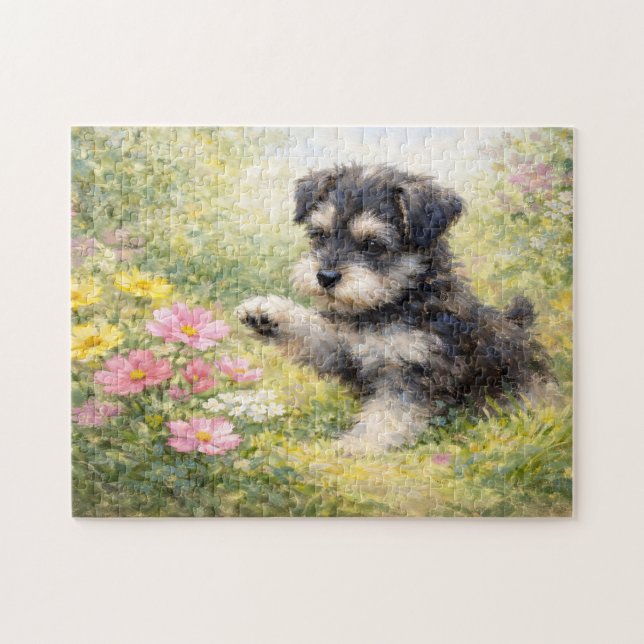 Puzzle Schnauzer Puppy Springtime Flowers (Horizontal)