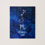 Puzzle Scorpio Constelación Zodiaca Galaxia Azul Monogram<br><div class="desc">Diseño Monograma de la Galaxia Azul Escorpio de la Constelación Zodiaca con la letra de guión cepillado a la moda, textura de fondo de color azul celeste oscuro, constelación brillante y el símbolo Escorpión. Rótulo Astrológico Moderno Horóscopo de nacimiento, es perfecto para cualquier cumpleaños escorpión del 23 de octubre al...</div>