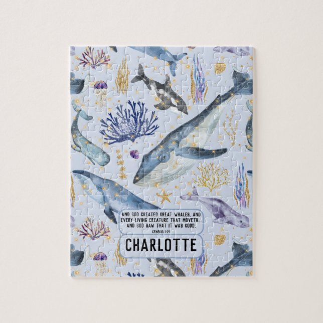 Puzzle Sea Life Ballenas Biblia Cristiana Verse Name Gift (Vertical)