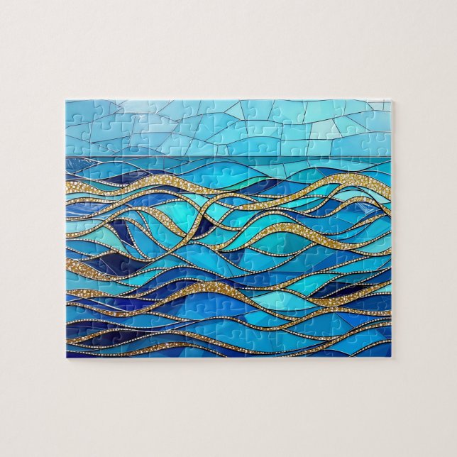Puzzle Sea of Waves Blue and Gold Mosaic Art (Horizontal)