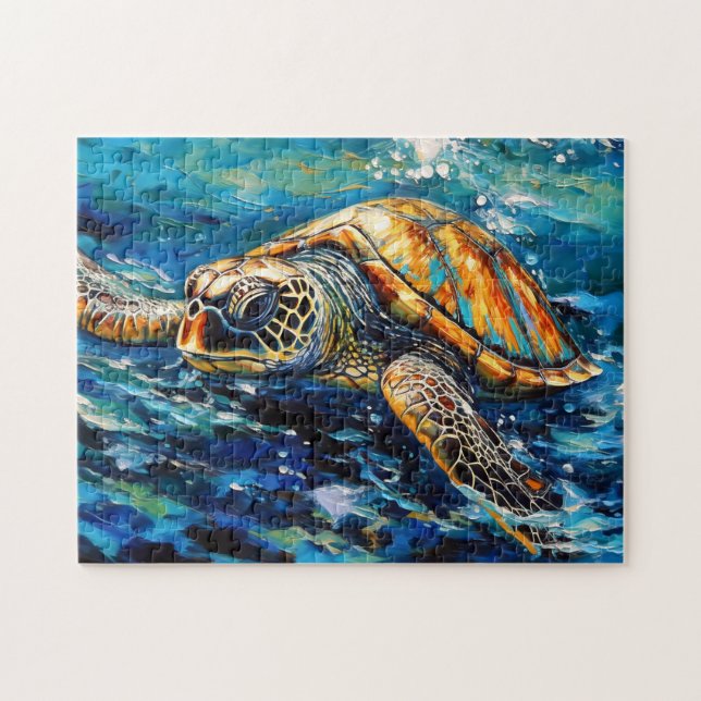 Puzzle Sea Turtle in Expressive Oil Brushwork (Horizontal)