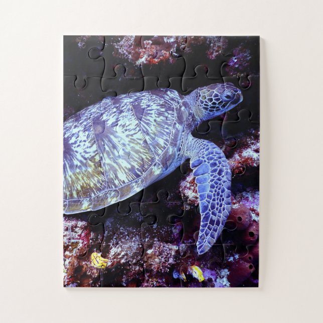 Puzzle Sea Turtle Swimming with Live Coral (Vertical)