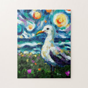 Puzzle Seagull Van Gogh Style Beach Sky Blue Verde azulad