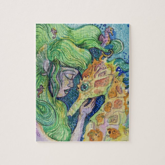 Puzzle Seahorse Whisperer Mermaid acuarela arte (Vertical)