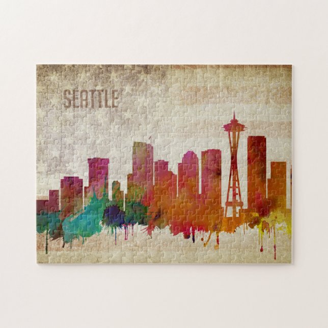 Puzzle Seattle, horizonte de la ciudad de la acuarela de (Horizontal)