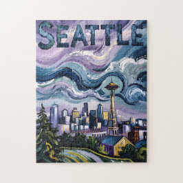 Puzzle Seattle Skyline Van Gogh Style Vintage Travel Art