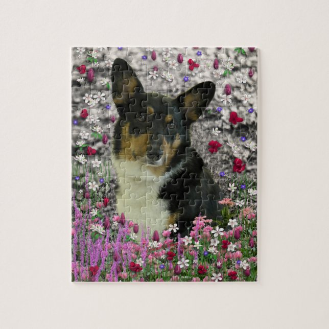 Puzzle Sebastian el Corgi Galés en flores (Vertical)