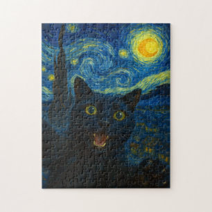 Puzzle Selfie del gato negro estrellado de la noche Van G