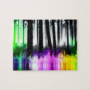 Puzzle Selva de silueta negra con salpicaduras multicolor