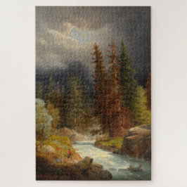 Puzzle Senderismo junto a un río torrencial en un bosque