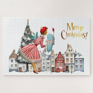 Puzzle Señora de la Vintage de 1950, con saludos navideño