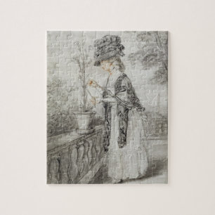 Puzzle Señora en una terraza que tiende una planta del