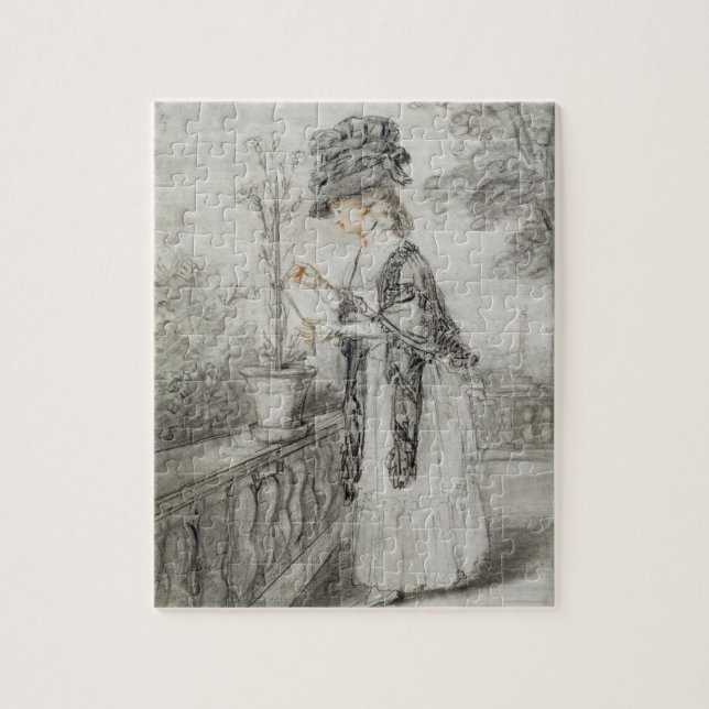 Puzzle Señora en una terraza que tiende una planta del (Vertical)