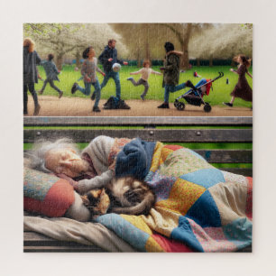 Puzzle Señora sin hogar durmiendo en un banco del parque