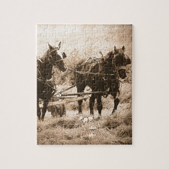 Puzzle Sepia de Caballos Amish en Trabajo (Vertical)