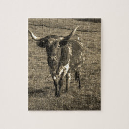 Puzzle Sepia Tone Brown y White Longhorn Bull