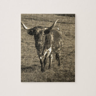 Puzzle Sepia Tone Brown y White Longhorn Bull