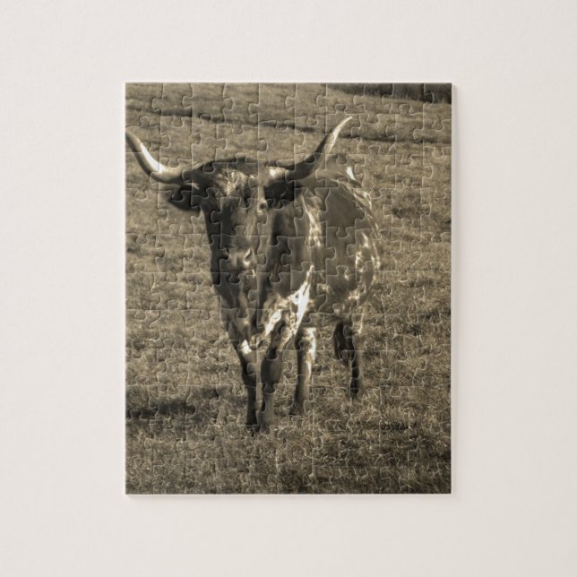 Puzzle Sepia Tone Brown y White Longhorn Bull (Vertical)