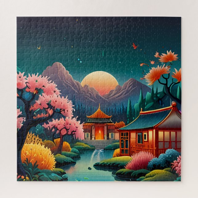 Puzzle "Serenidad al atardecer: Arte chino tradicional (Vertical)