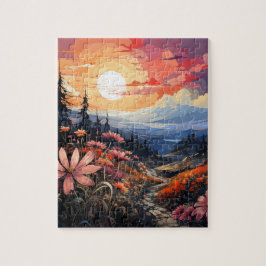 Puzzle Serenidad al atardecer: Flores salvajes y montañas