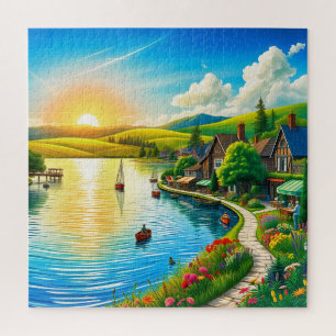 Puzzle Serenidad al atardecer junto al pueblo del lago